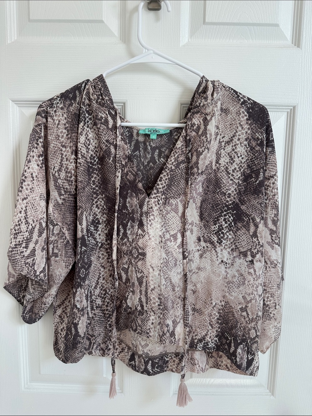 Karlie Taupe & Brown Snake-Print V-Neck Tassel Blouse